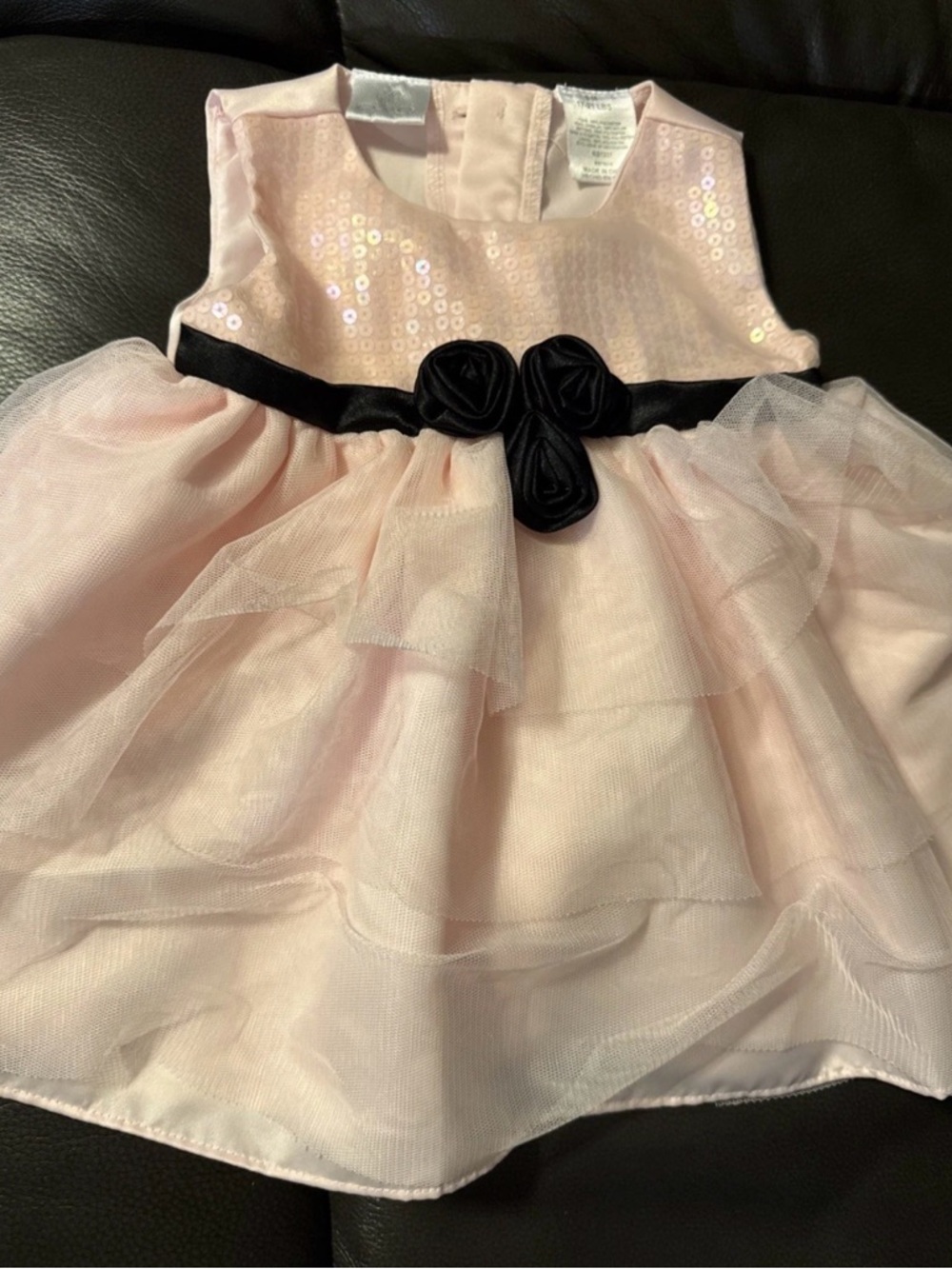 Light Pink Sequin Tulle Girls' Dress with Black Rosette Waist